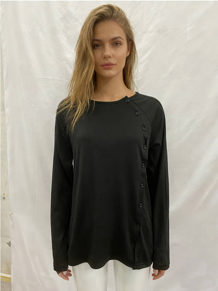 

2025 Autumn Harajuku Ins Gothic Trendy Side Button Round Neck Solid Color Long Sleeve T-shirt for Women Y2k Street Fashion Top