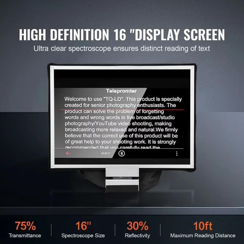 16 Inch Aluminum Teleprompter for Live Streaming Adjustable Angle Compatible with YouTube and Zoom Video Recording Equipment