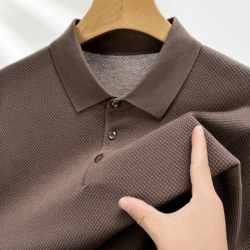 High Quality Lyocell Spring Summer Men's Business Polo Neck Short Sleeve Pullover Solid Color Pineapple Pattern Polo Shirts Tops