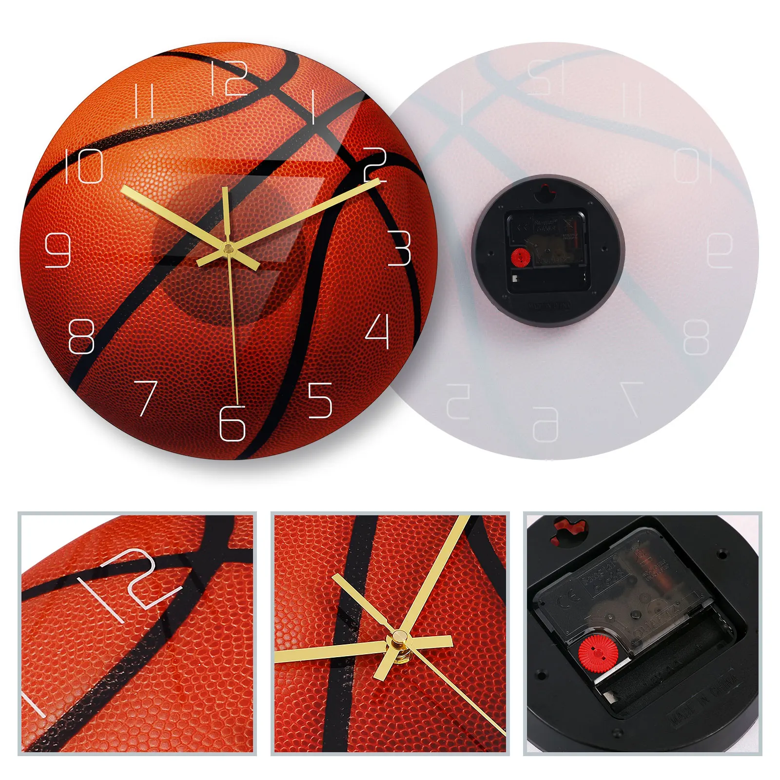 

Ball Design Wall Clock Mute Hanging Basketball Footable Home Decor Big Numerals Easy Install Stable Acrylic Bedroom Office Study