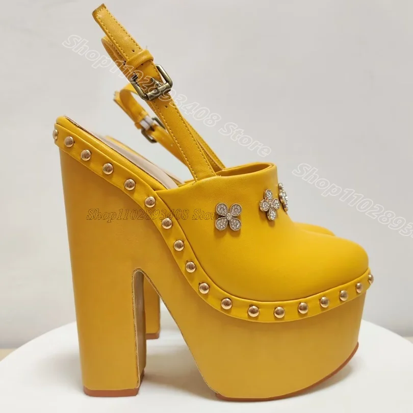 

Yellow Strange Style Crystal Decor Sandals Round Toe Leather British Style Fashion Women Dress Party Shoes Zapatos Para Mujere