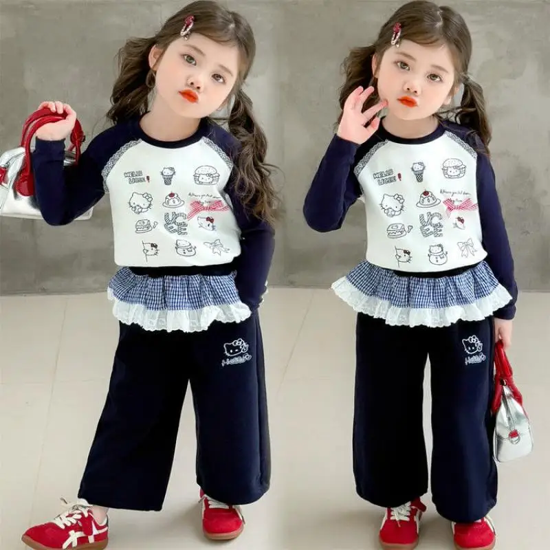 

Sanrio Hello Kitty комплекты для девочек, весенне-осенние топы, прямые штаны, детские повседневные кавайные аниме, модная одежда с героями мультфильмов, новый стиль, хит продаж