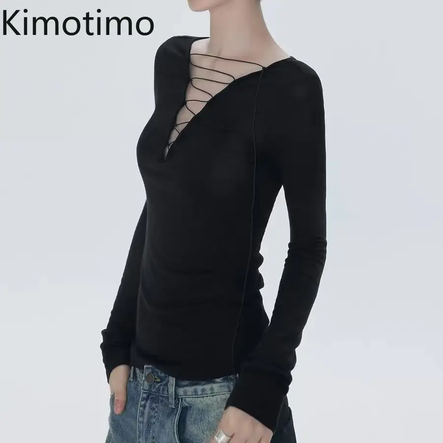 

Kimotimo Sexy V Neck Bandage Black T-shirt Women Autumn Slim Fit Long Sleeve Base Tops Vintage Y2k Gothic Spicy Girls Streetwear