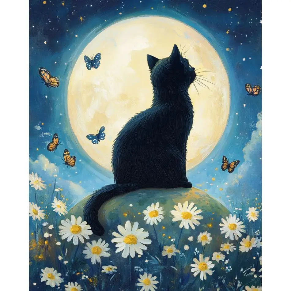 RUOPOTY Flower Black Cat Diamond Painting Kit Art Supplies Artwork Animal Full Round Diamond Art Handiwork Art Art Supplies