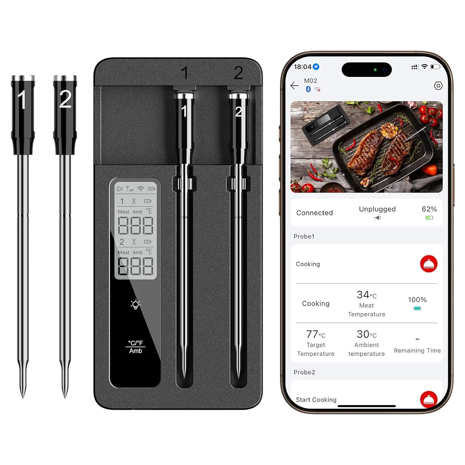 Termómetro Inalámbrico para Carne con Doble Sonda, Bluetooth y WiFi, Alta Precisión para Barbacoa, Parrilla y Ahumador