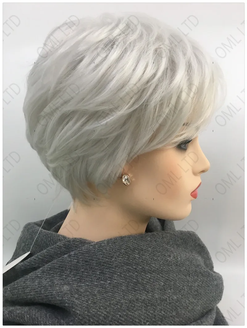 Grandma\'s Fashion Short Synthetic Silver White Wig with Bangs Soft Heat Resistant Mommy Daily Party Wig Women Grey Hair