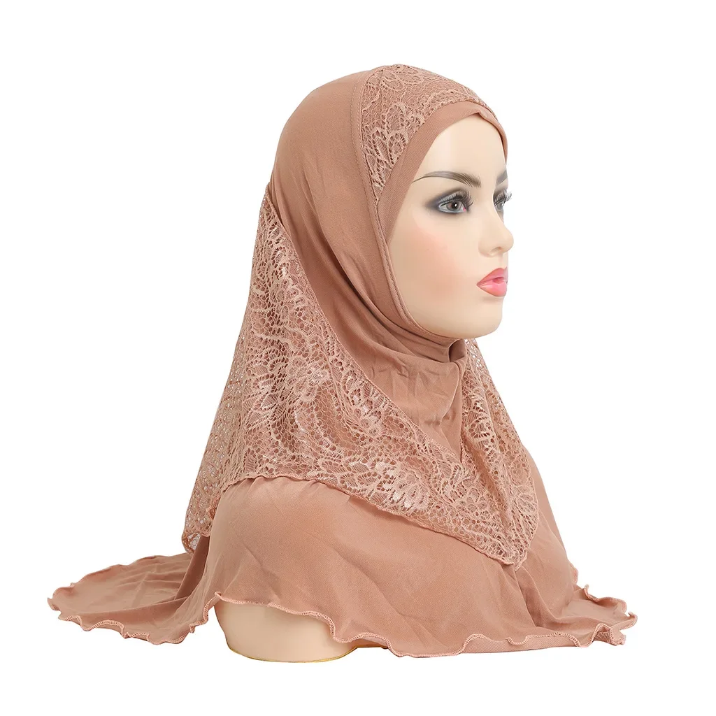 H126 High Quality Medium Size 70*60cm Muslim Amira Hijab with Lace Pull on Islamic Scarf Head Wrap Pray Scarves Women's Headwear