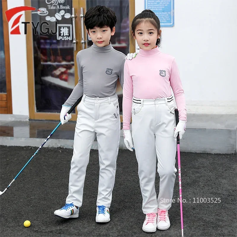 TTYGJ Boys Girls Velvet Golf Shirt Children Warm Long Sleeve Golf T-shirt Kids Soft Stand Collar Tops Autumn Winter Sport Wear