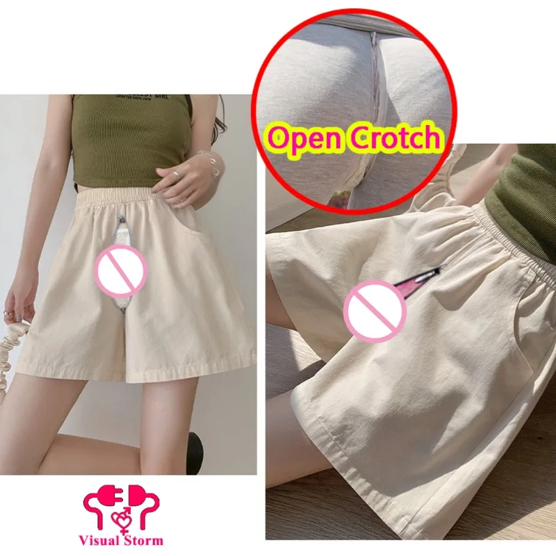Woman Open Crotch Pants Shorts with Hidden Zippers Sexy Panties Quick Take Off Costume Couple Outdoor Sex Trousers Crotchless