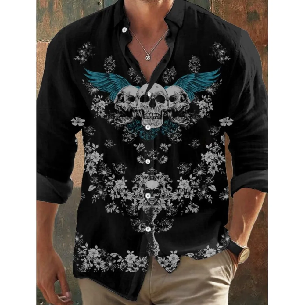 

Vintage Men's Dark Skull Prints Long Sleeve Shirts Rose Skull Prints Black Tops Regular Fit Lapel Collar Polyester Streetwear
