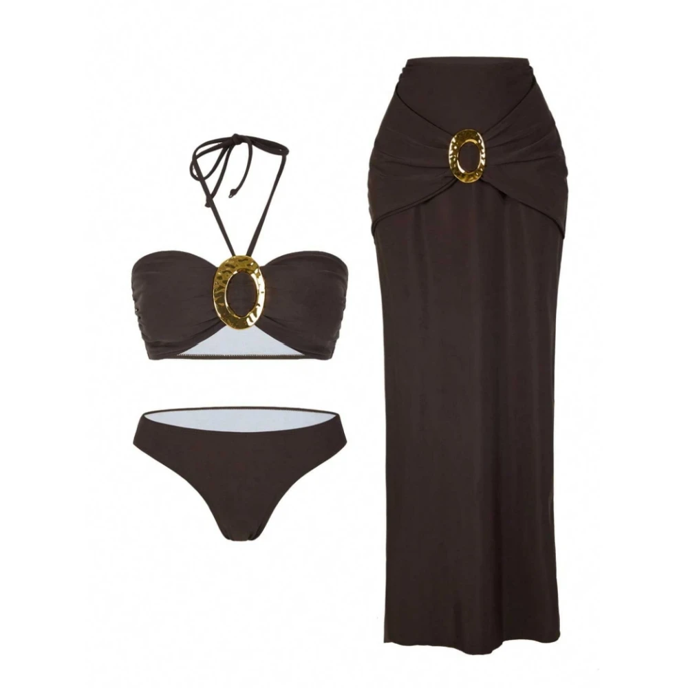 

New 3Pcs Shiny Bandeau Biquini With Cover Up Sexy Swimsuit Woman Swimwear Off Shoulder Swim Suit Star Bikini Bodysuit Beachwear