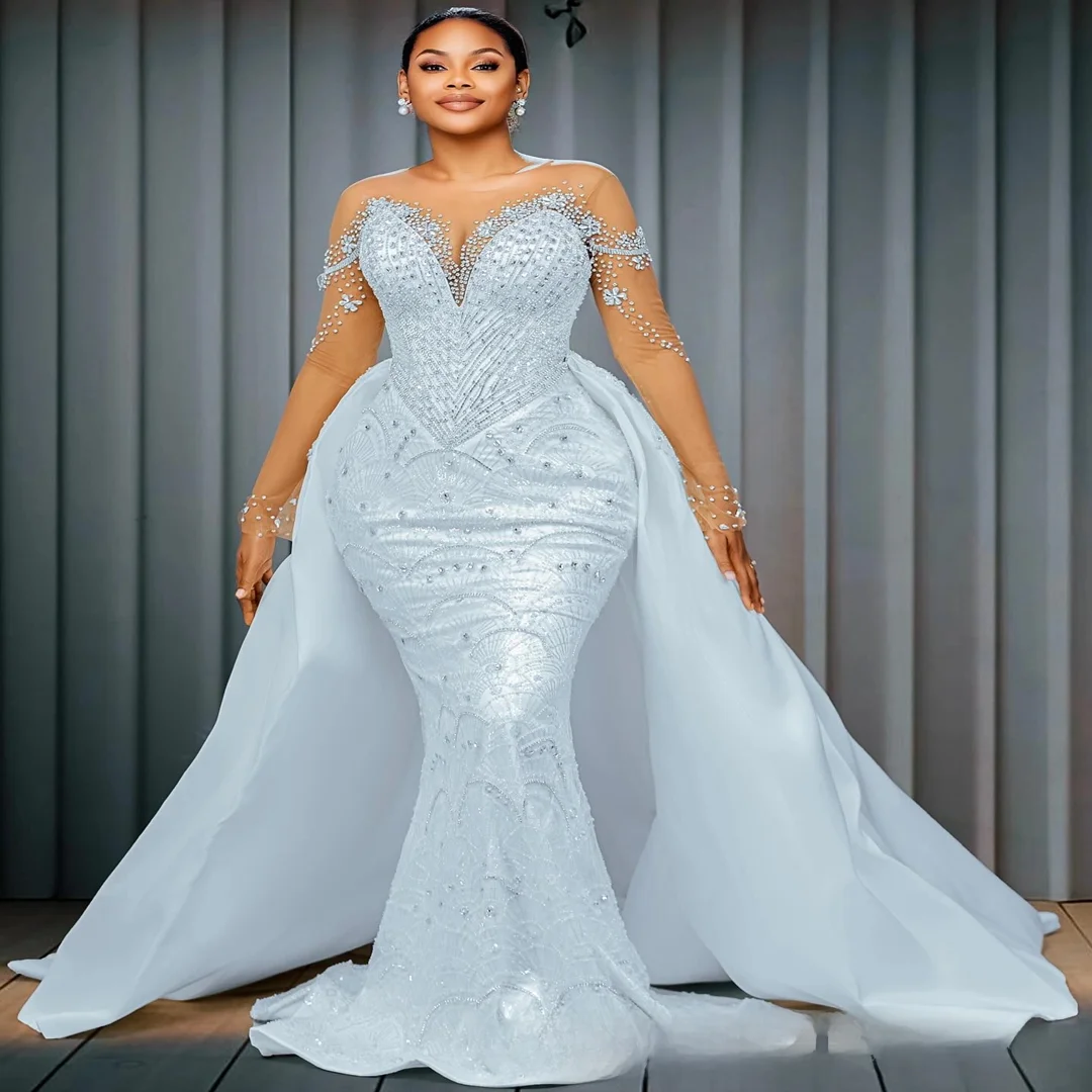 Customized  African Sparkly Crystals Beads Wedding Dress Vestidos De Casamento Long Sleeves Bridal  Gown with Removable Skirt