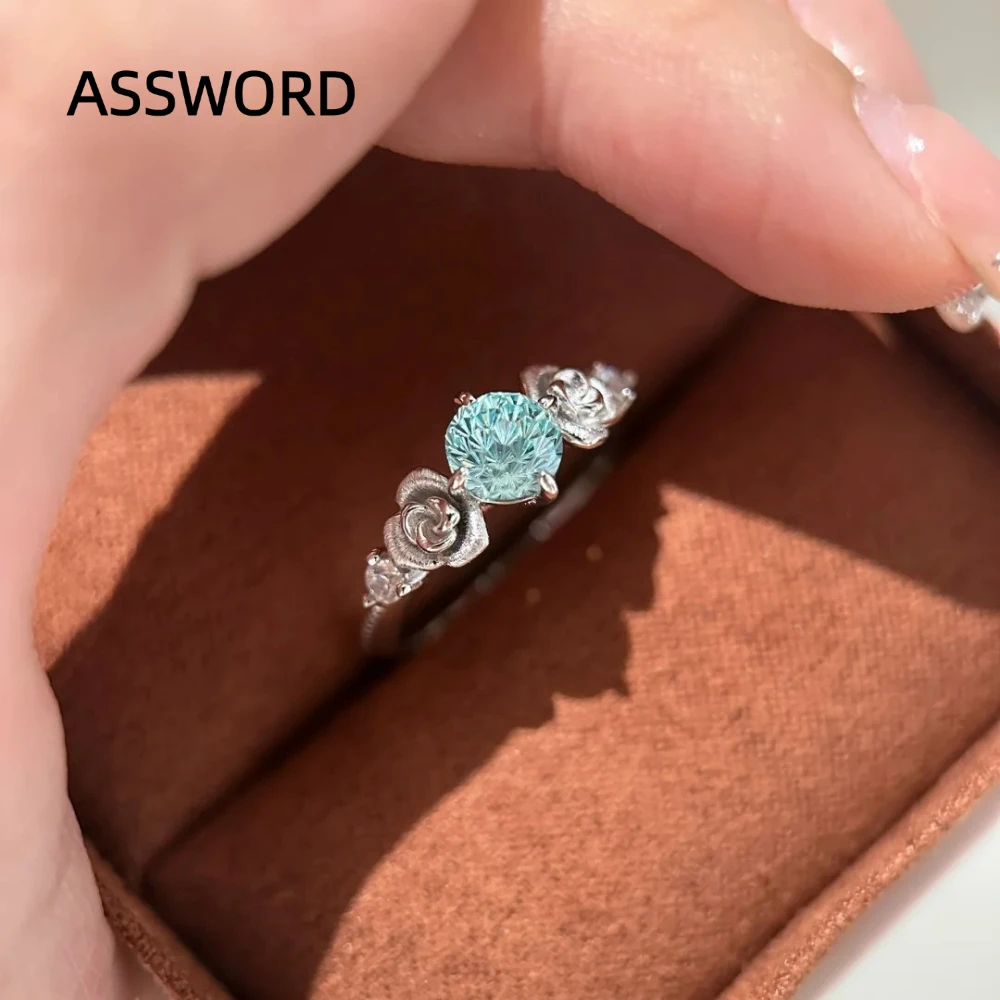 925 Sterling Silver Green‑Blue Moissanite Ring Rose Flower Design Open Adjustable Promise Ring for Women Fine Jewelry Gift