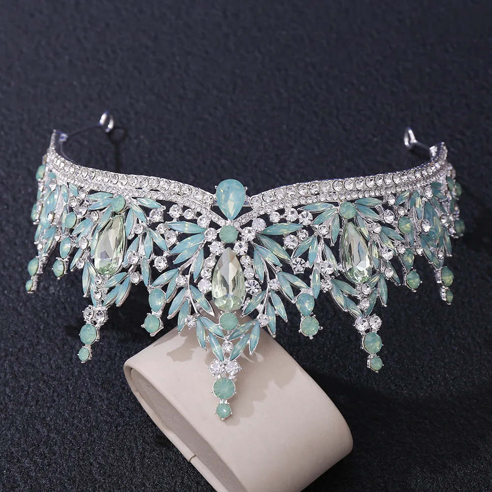 Baroque Luxury Green Blue Opal Water Drop Crystal Tiaras Crown Women Headband Rhinestone Pageant Diadem Wedding Hair Accessories