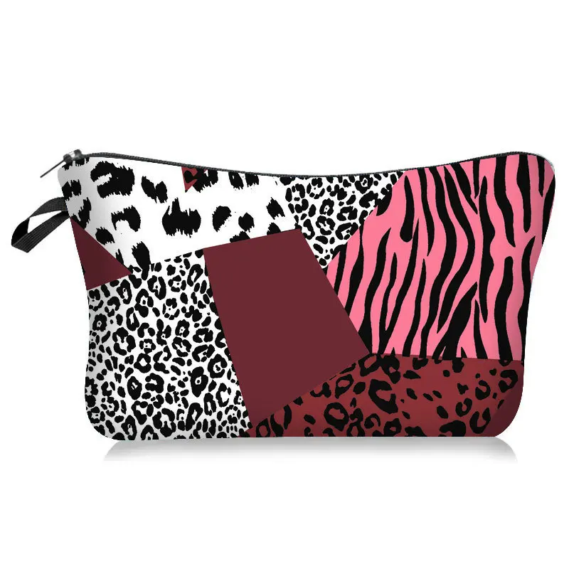 Pink Leopard Print Red Daisy Cosmetic Bag Women Canvas Makeup Pouch Floral Animal Pattern Travel Zipper Storage Purse