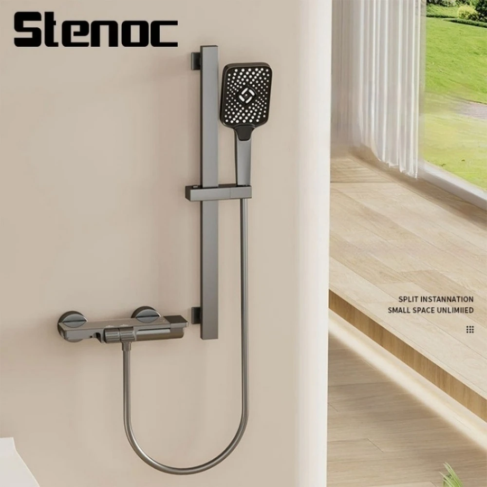 

Stenoc Split Gun Grey Bath Shower Faucet Set Brass Waterfall Bathtub Mixer Hot & Cold Wall Mounted With Handheld Shower Head