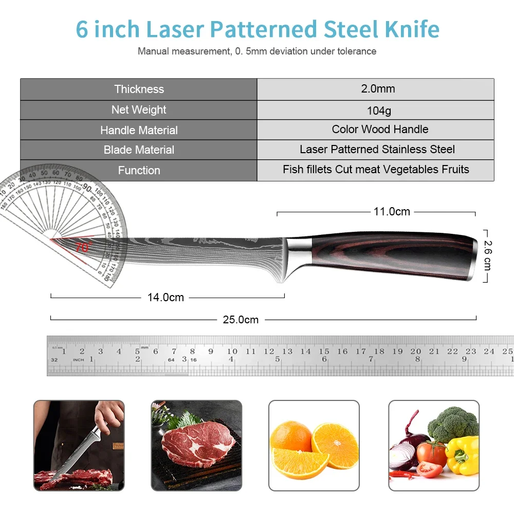 6 Inch Boning Knife, Japanese High Carbon Stainless Steel Filleting Knife Laser Pattern Chef Knife for Deboning Fish & Meat