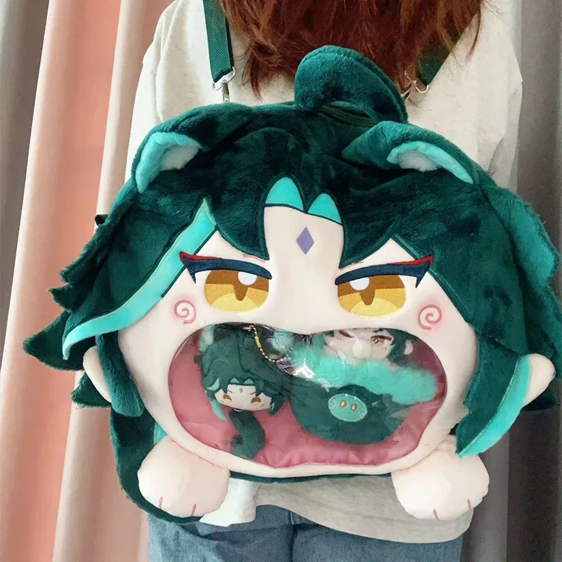 Game Genshin Impact Xiao Cosplay Plush Bag Big Mouth Transparent Itabag Zipper Backpack Messenger Shoulder Bags 37x35cm/19x18cm