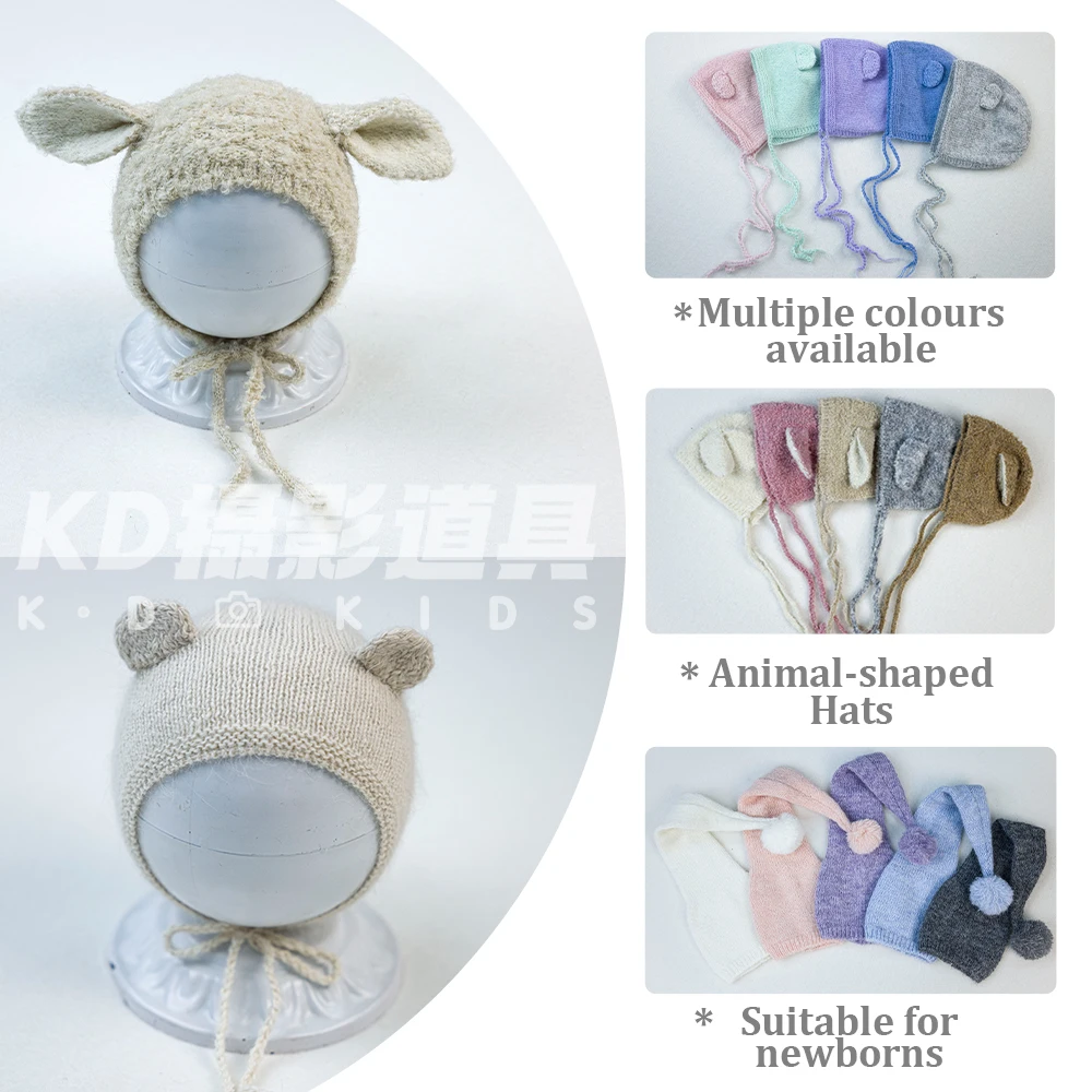 

Newborn Knitted Bear Ear Hat Lamb Ear Hat Cute Infant Bonnet with Ties Studio Baby Photography Theme Props Accessories Warm Cap