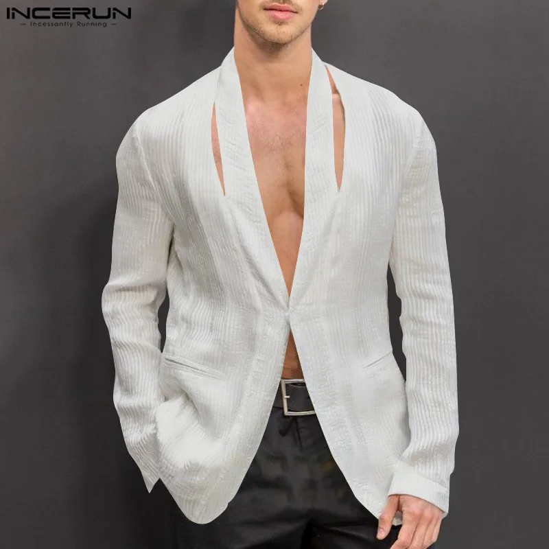 INCEURN  Men Casual Long Sleeve Blazer 2024 Commuting Handsome Turn Down Collar Suits Hollow Out Sexy Button Open Up Jackets