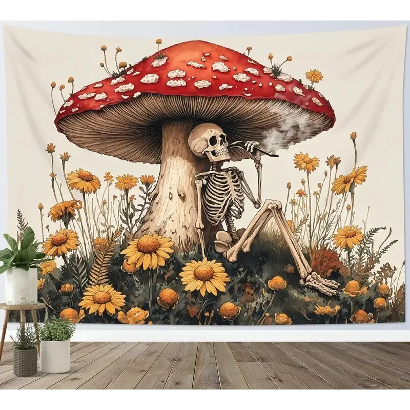 VIKAMA Aesthetic Skull Tapestry Gothic Skeleton Red Mushroom Wild Daisy Floral Vintage Hippie Art Wall Hanging Home Dorm Wall De