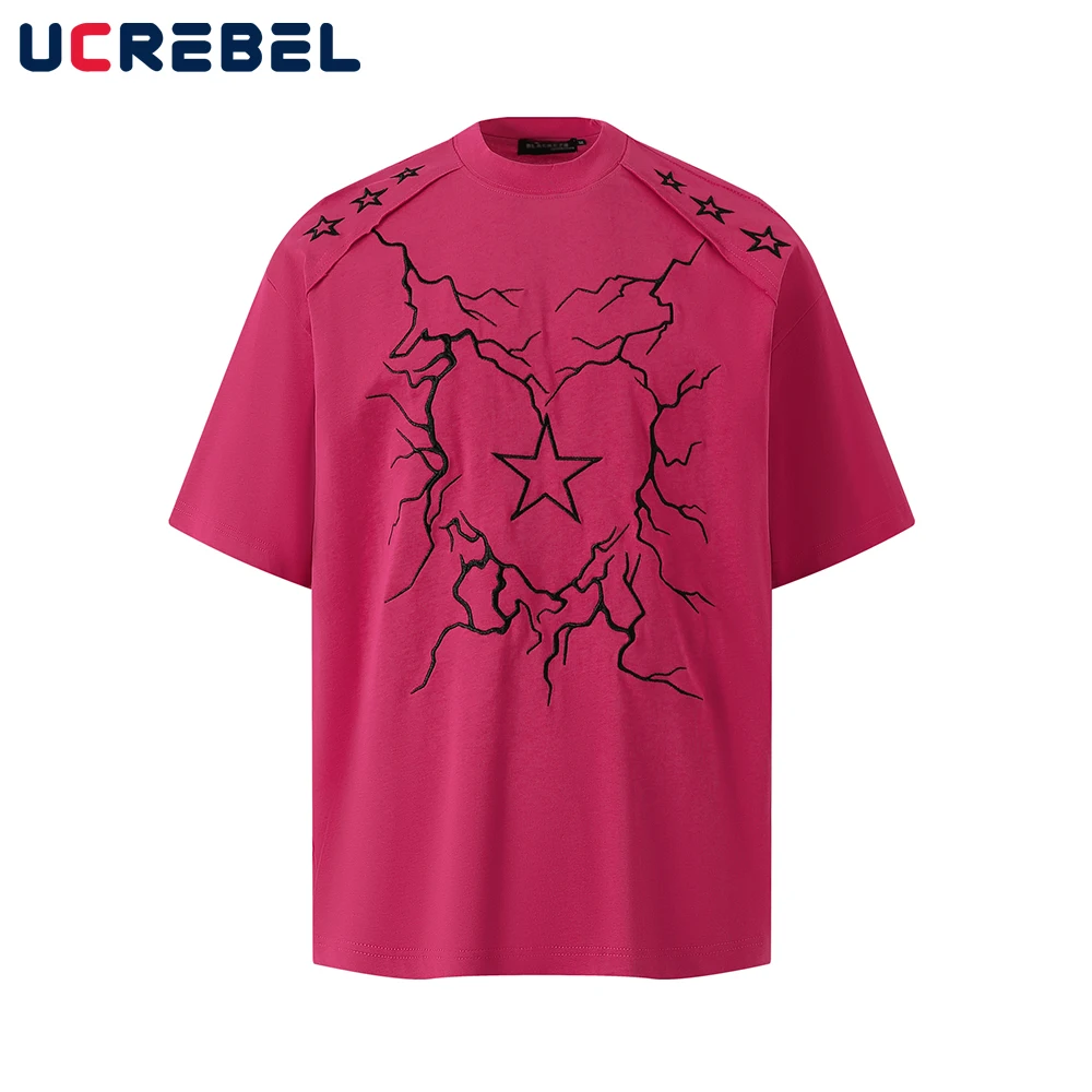 Lightning Heart Embroidery Short Sleeve T-shirt Mens Summer High Street Crew Neck Half-Sleeve Loose Cotton Tee Men