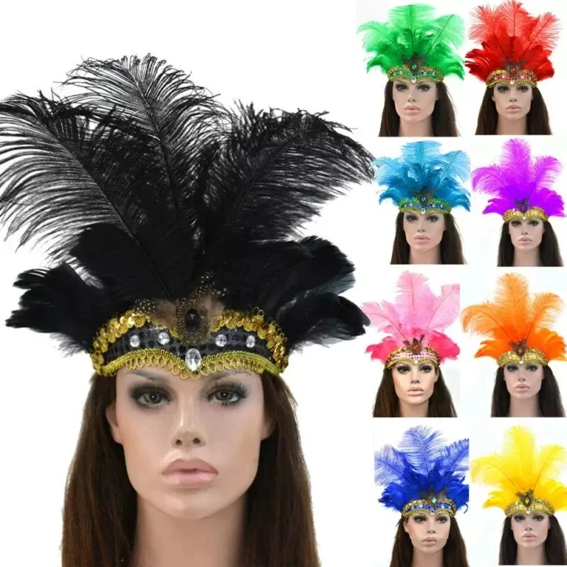 Indian Crystal Crown Feather Headbands Party Festival Celebration Headdress Carnival Headpiece Headgear Halloween New