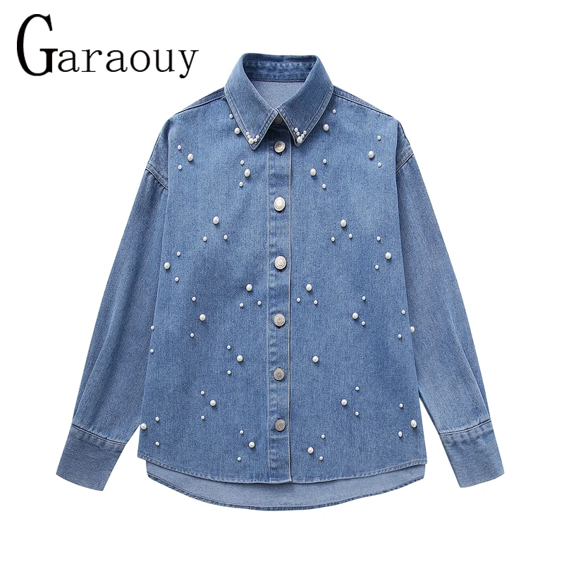 Garaouy 2024 Spring Women Lapel Single Breasted Artificial Pearl Denim Shirt Jacket Oversized Vintage Cowboy Blouse Coats Female