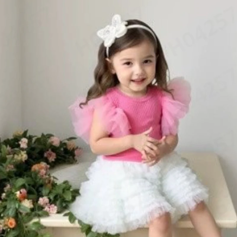 

Girls Princess Tulle Top and Tiered Cake Skirt Birthday Set Short Skirt Halter Princess Saree Mesh Fly Sleeve Summer Dress Set