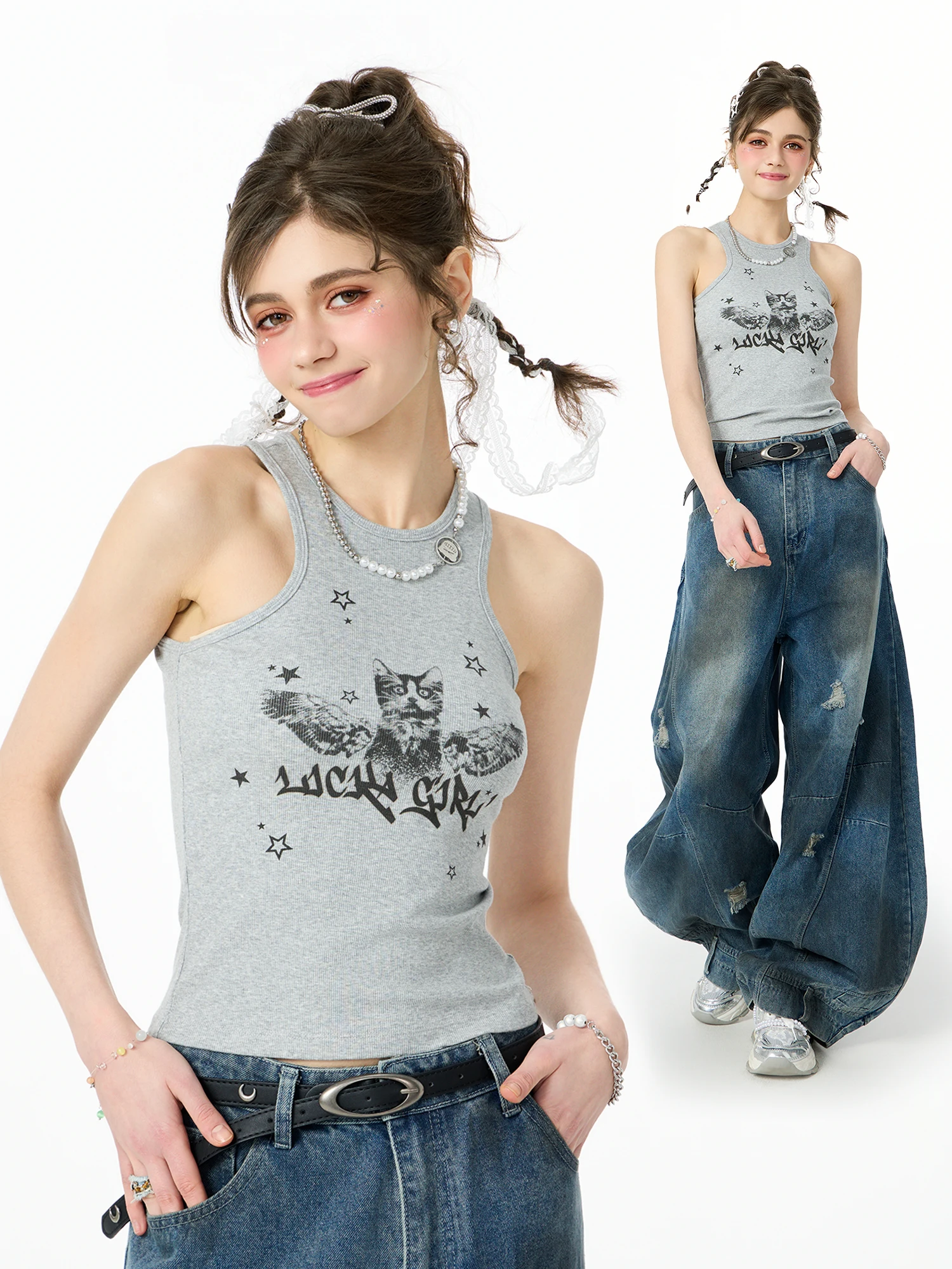 Licka Girl - Chaleco Retro Americano con Tirantes para Mujer, Corto, Ajustado, Gris, para Usar como Prenda Interior o Exterio...
