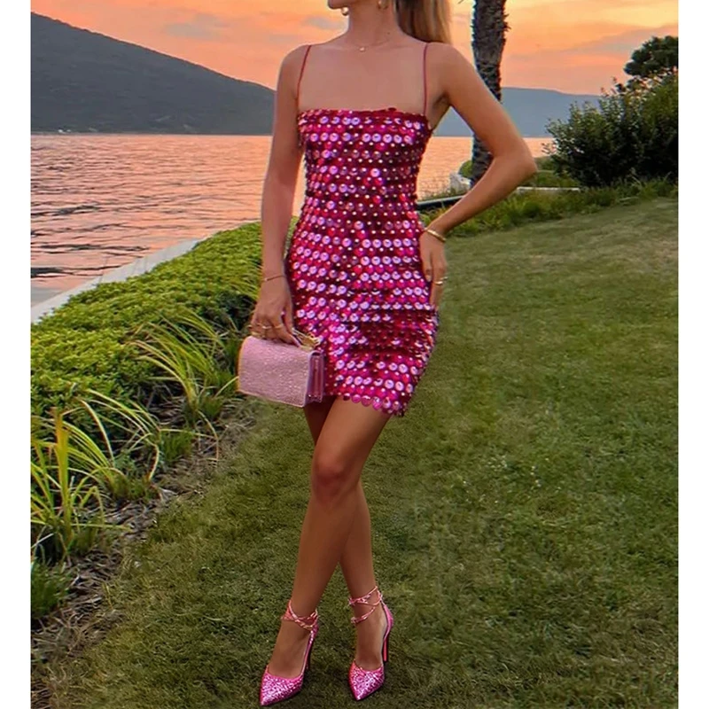 Vestido Mini Bodycon Feminino Y2K com Lantejoulas Brilhantes, Sem Costas, Alça Fina Ajustável, para Festas e Baladas