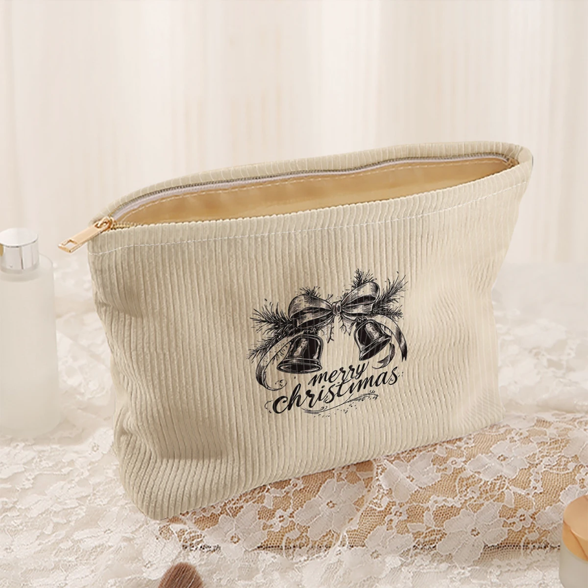 1 bolsa de maquillaje de pana con temática navideña, caja de almacenamiento de maquillaje ligera con cremallera, bolsa multifuncional con forro