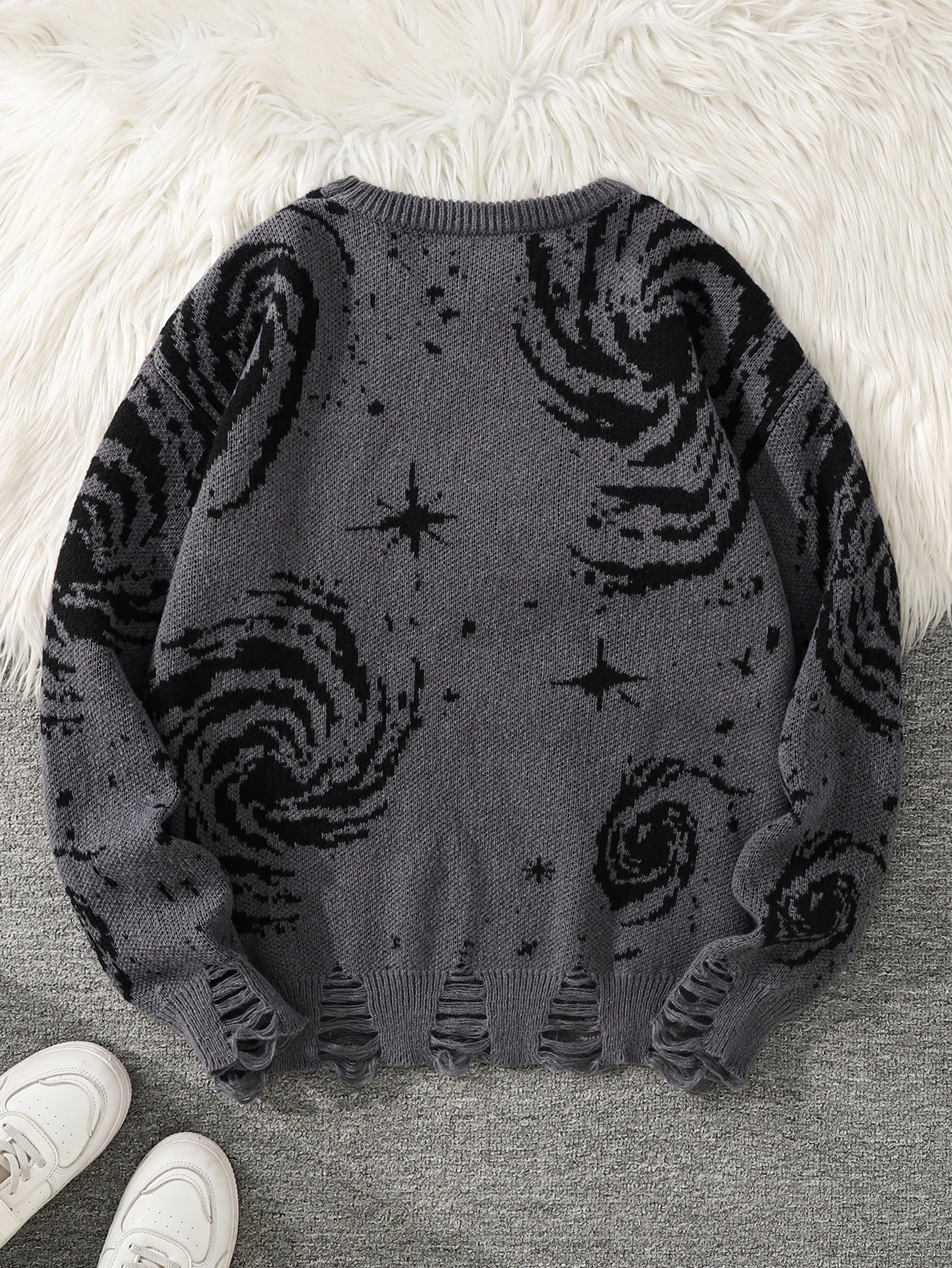 Men's Autumn and Winter Street Style Ripped Abstract Starry Sky Pattern Pullover Sweater, Casual Crew Neck Knit Men's Pullover, Regular Fit, Suitable for Autumn and Winter Seasons