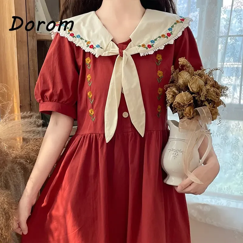 Vintage Embroidery Kawaii Dress Women Summer Korean Preppy Style Peter Pan Collar Puff Sleeve Lolita Dress Elegant Party Vestido