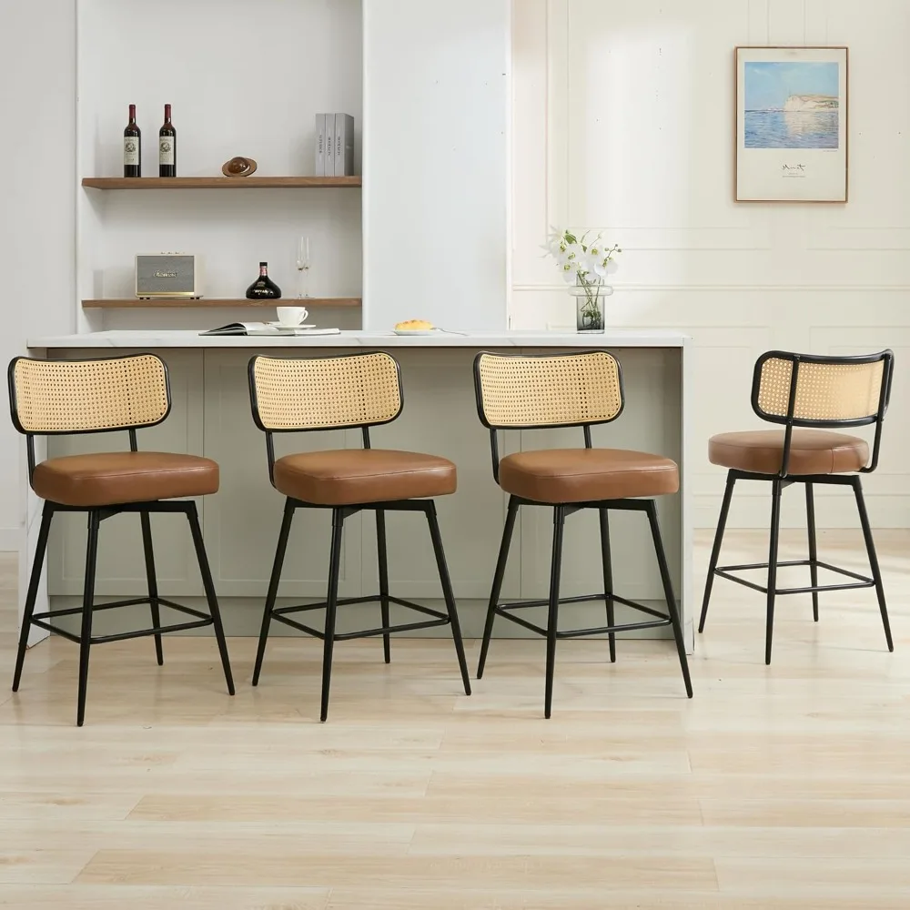 

Rattan Bar Stools Set of 4, Swivel Counter Height Bar Stools with Rattan Back and Metal Legs, Modern Upholstered Faux Leather Ba
