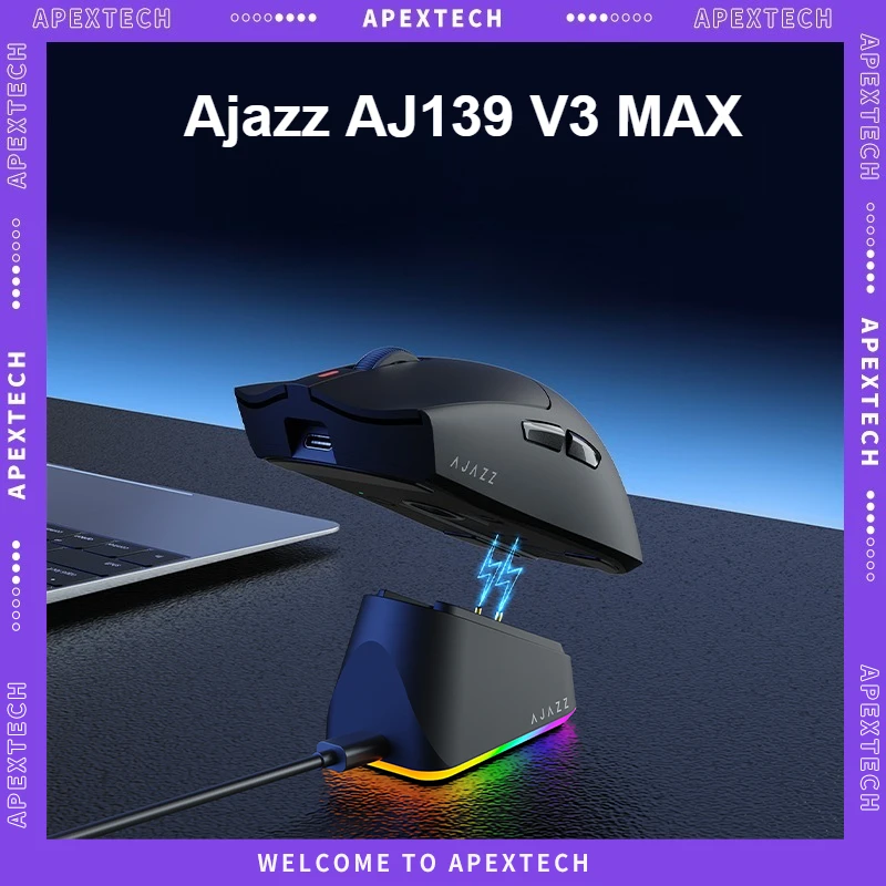 

Ajazz AJ139 V3 MAX Трехрежимная беспроводная эргономичная мышь Bluetooth PAW3395/PAW3311 26000 точек на дюйм 800 мАч RGB Легкий киберспортивный ПК Геймер
