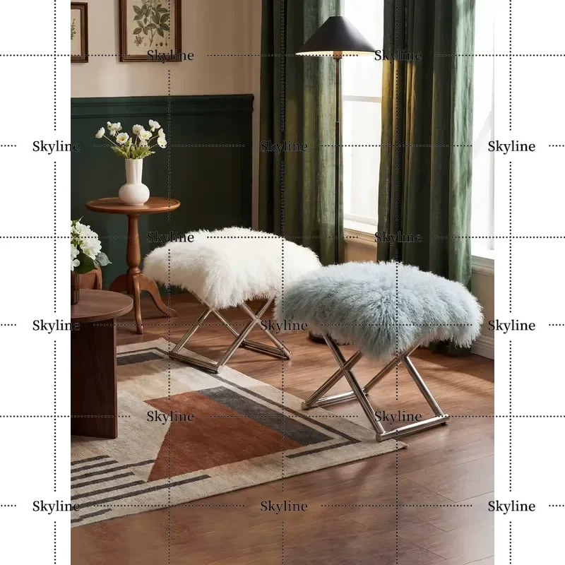 for Mairhk Small Stool Stainless Steel Fluffy Wool Low Footstool for Living Room Bedroom Entrance Dressing Shoe Changing