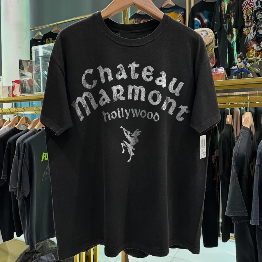 90s Chateau Marmont 'Hollywood' Rare Washed Black T-Shirt Summer Cotton Print Casual Sports Short Sleeve Tee