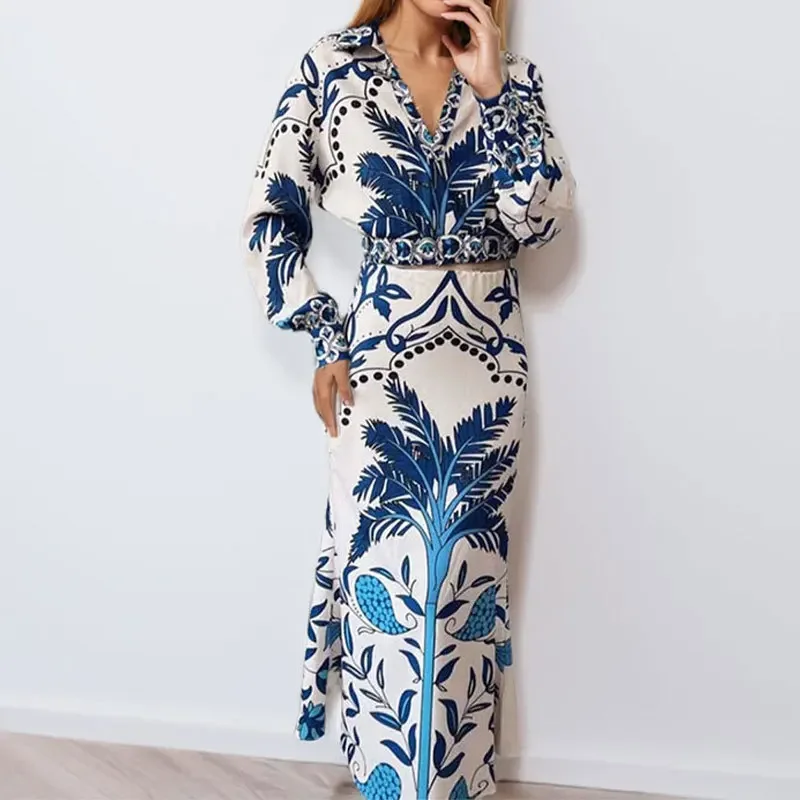 

Women Fashion Print Midi Skirts 2 Pieces Set Women Outfits Long Sleeve Blouses Tops + High-waisted Skirt Vintage Casual Set 2025