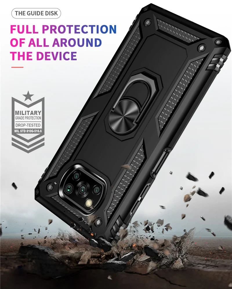 Luxury Bracket Rugged Armor Anti Fall Case For Xiaomi Pocophone X3 NFC Shockproof Car Ring Phone Case for Mi Poco X3 Pro Cover