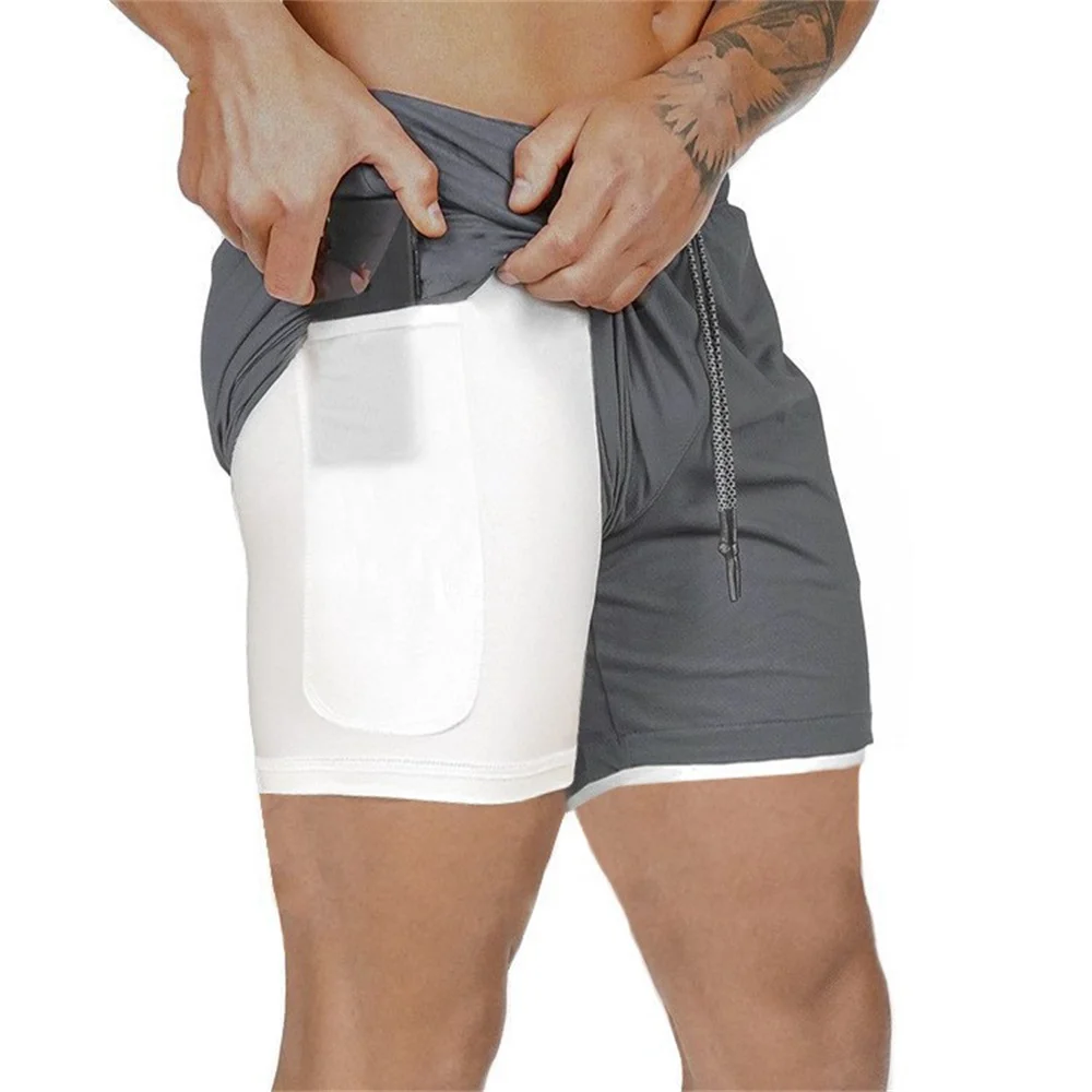 Pantalones cortos de doble capa para hombre, Shorts sólidos de gran tamaño para entrenamiento físico, para correr rápido, novedad