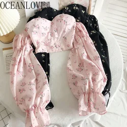 OCEANLOVE Chic Crop Tops Mujer Korean Fashion Y2k Blouses Women Sexy Lady Slash Neck Flare Sleeve Floral Sweet Shirts Blusas