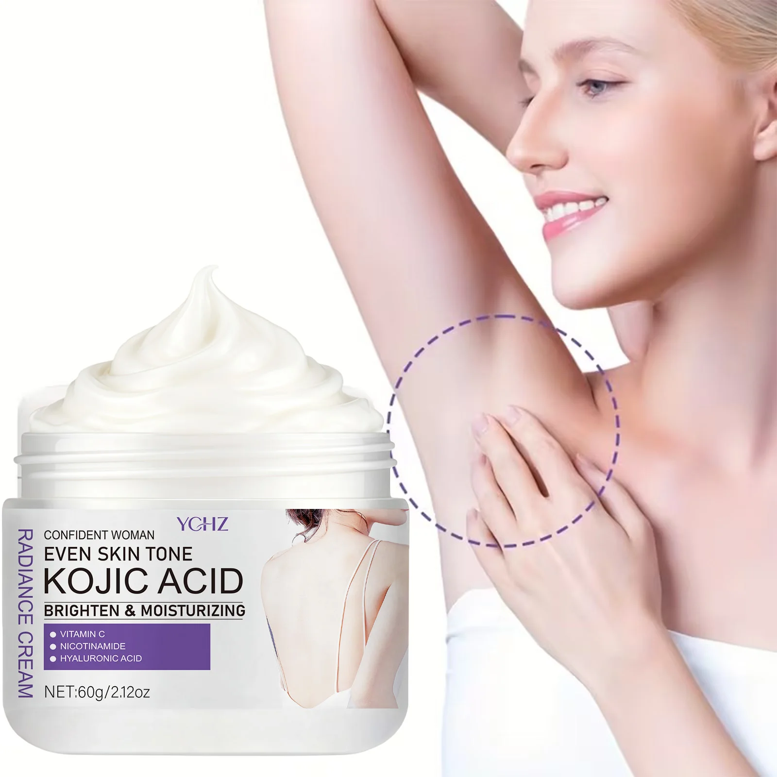 

Крем с койевой кислотой, содержащий ниацинамид, арбутин, гиалуроновую кислоту и масло ши, подходит для различных участков лица и тела — подмышек, коленей, шеи, рук, а также помогает осветить и увлажнить кожу.