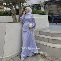 OLOEY Simple Silk Muslim Women Evening Dresses Puff Long Sleeves High Neck Floor Length Formal Party Prom Gowns Occasion Event