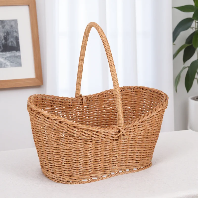 

Portable Woven Storage Basket Imitation Rattan Fruit Basket With Handle For Snacks Decor Picnic Camping Outdoor Bread