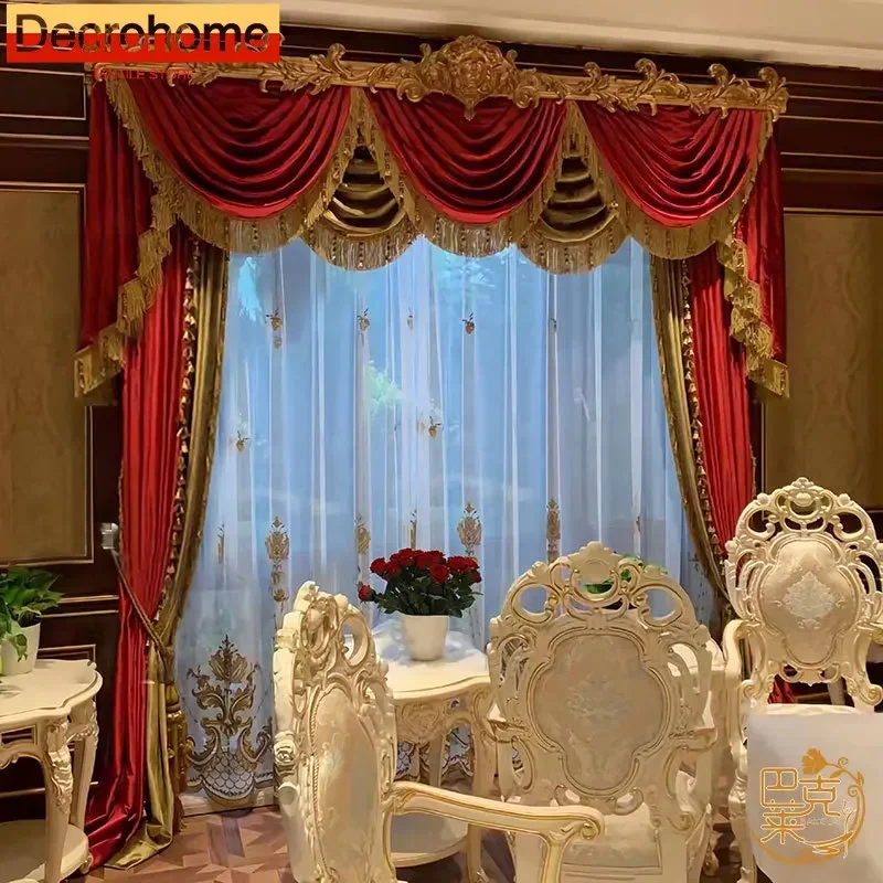 

Gold Red Embroidered Window Screen Velvet Splicing Thickened Curtains for Living Room Bedroom French Balcony Villa Valance