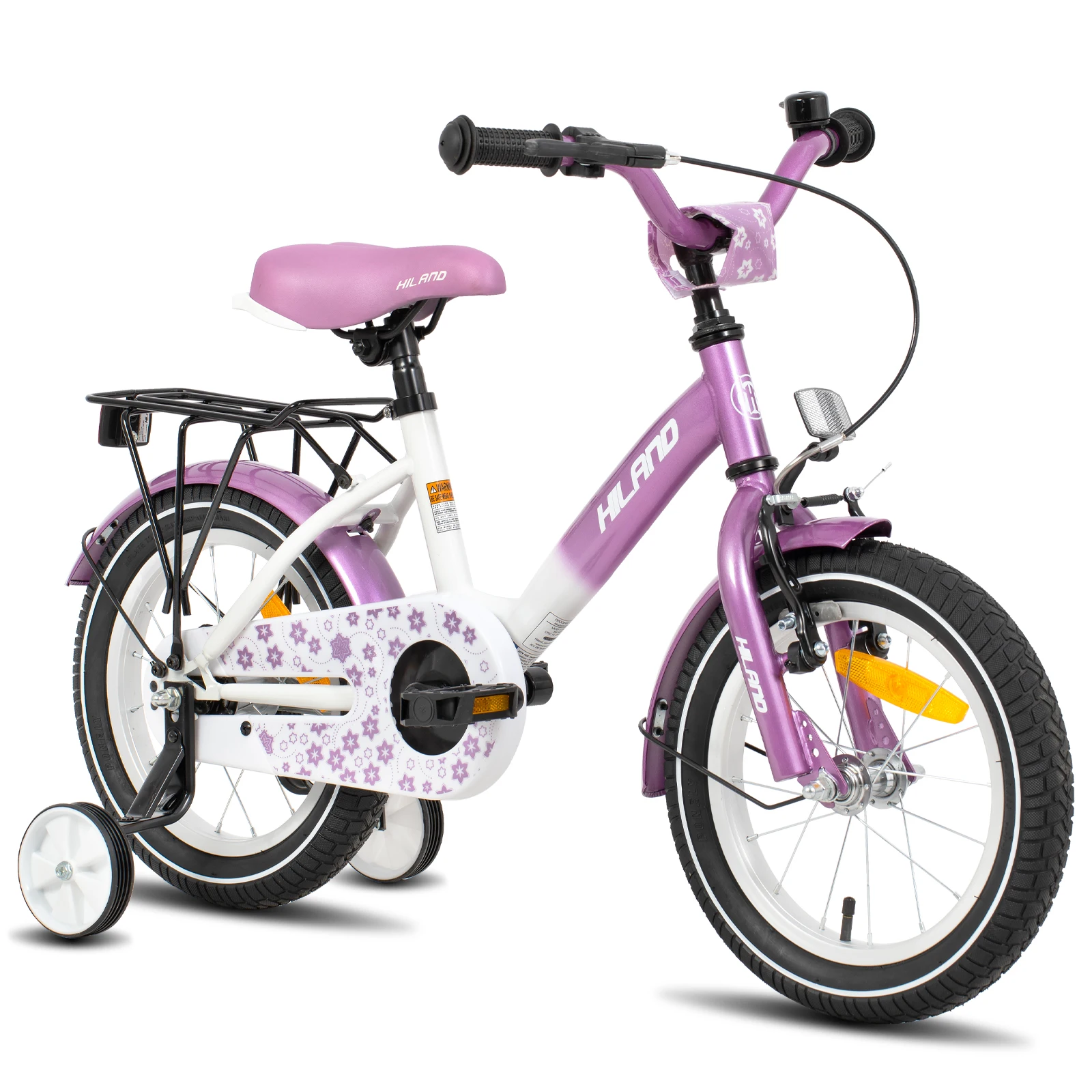 HILAND Kinderfahrrad für Jungen und Mädchen im Alter von 2–7 Jahren, 12 14 16 Zoll Kleinkinderfahrrad mit Stützrädern, Glocken-Gepäckträger, Lila