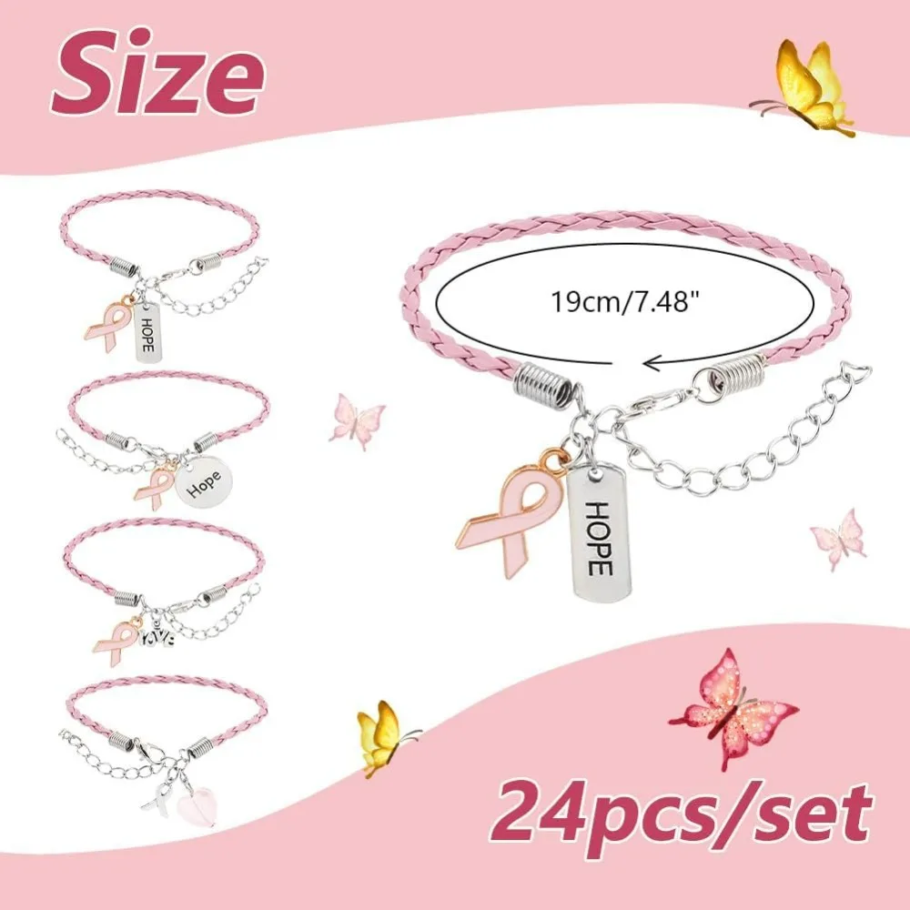 24Pcs Breast Cancer Bracelets Awareness Leather Bracelet, Handmade Pink Ribbon Leather Cords Braided Bracelet Adjustable Hope