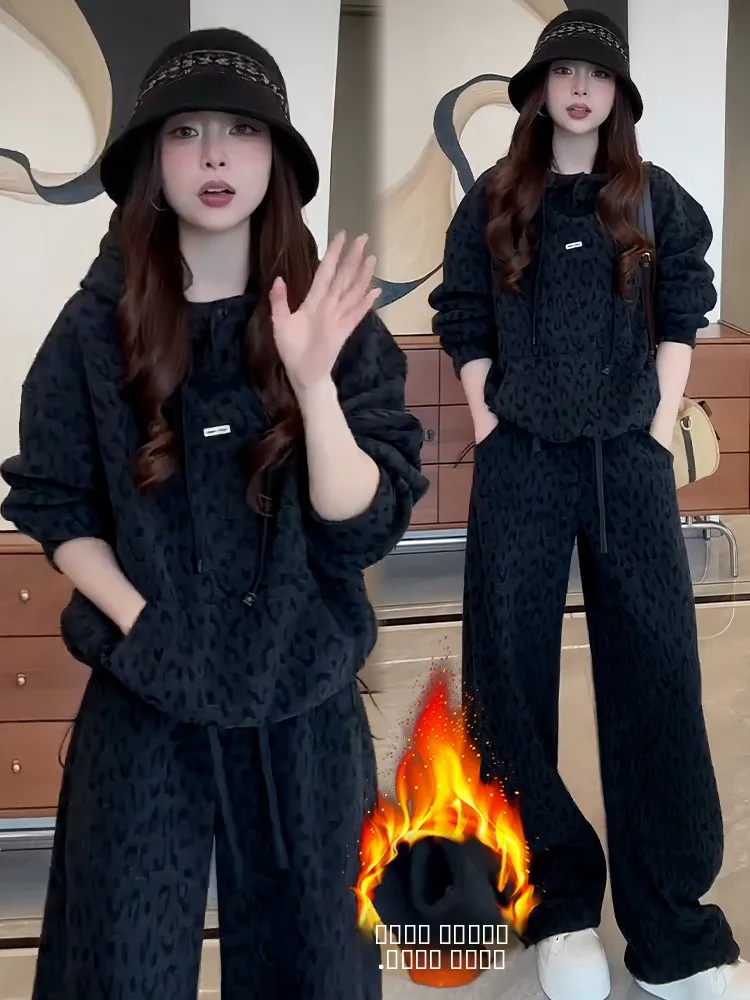 Laid-ba Set di abbigliamento sportivo da donna a vita alta pantaloni a gamba larga felpa con cappuccio in due pezzi inverno Faion casual confortevole caldo Thiened