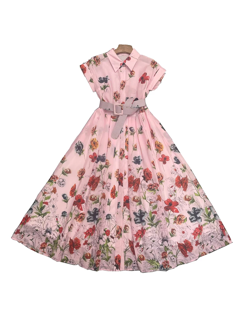 Robe chemise Vintage à imprimé Floral pour femmes, tenue d'été mi-longue avec ceinture, ligne a, élégante et décontractée, 2025